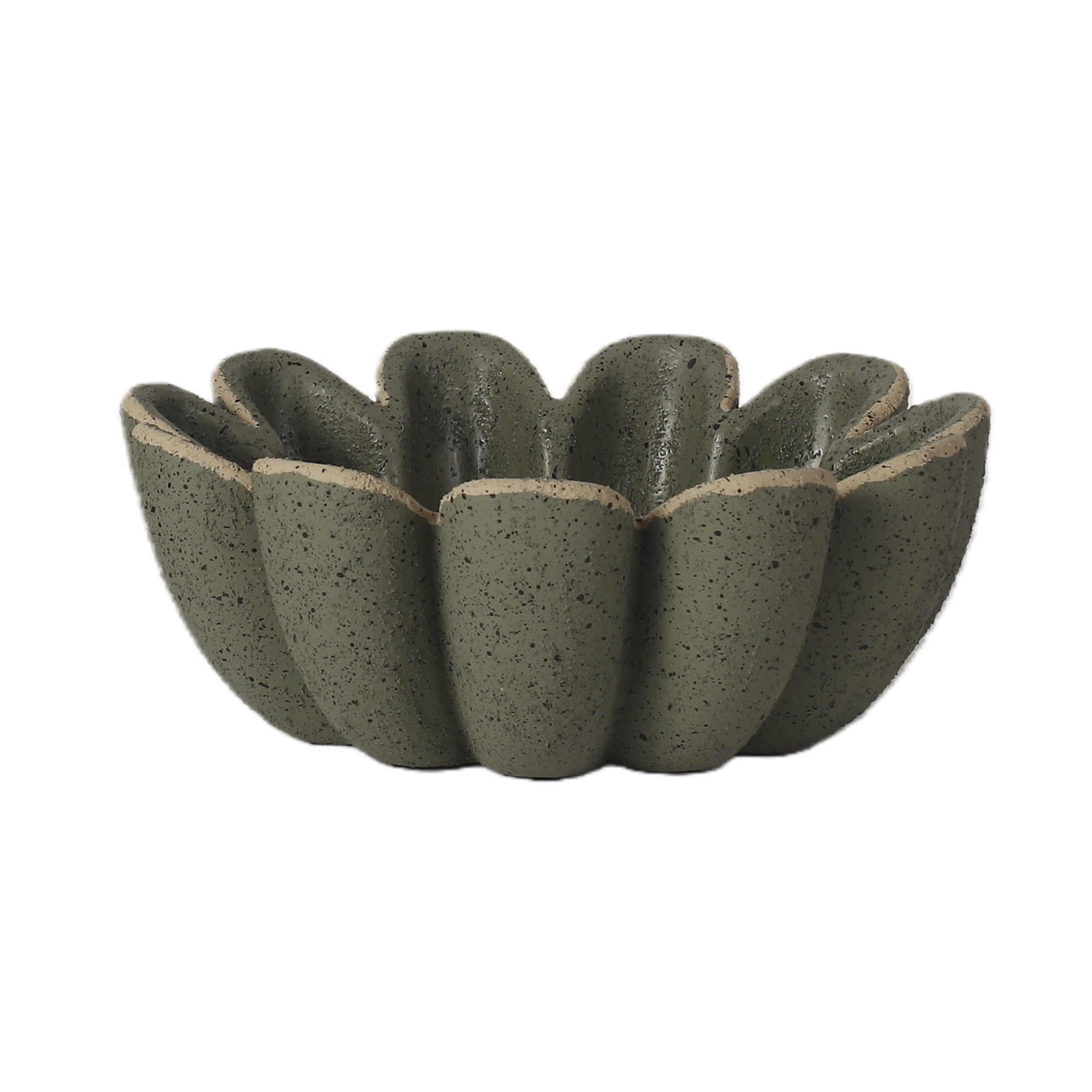 CEMENT BOWL 3.5"HX9" PETAL DESIGN W MOSS GREEN W/BLACK SPECKLED TEXTURE