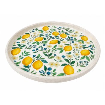 CEMENT TRAY 13"W YELLOW LEMON /BLUEBERRY DESIGN ON CREAM VASE