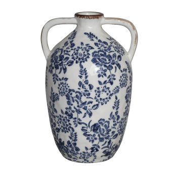 CERAMIC VASE 10"H WHITE W/BLUE FLORAL PATTERN