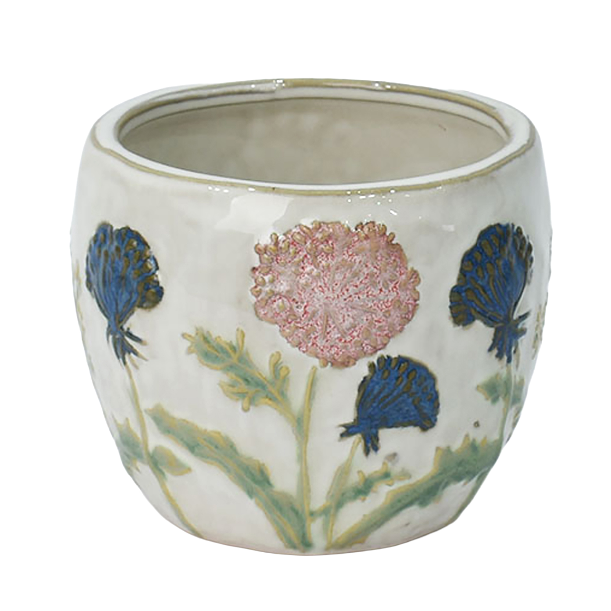 CERAMIC POT 4.5"H W/PINK & BLUE FLOWERS