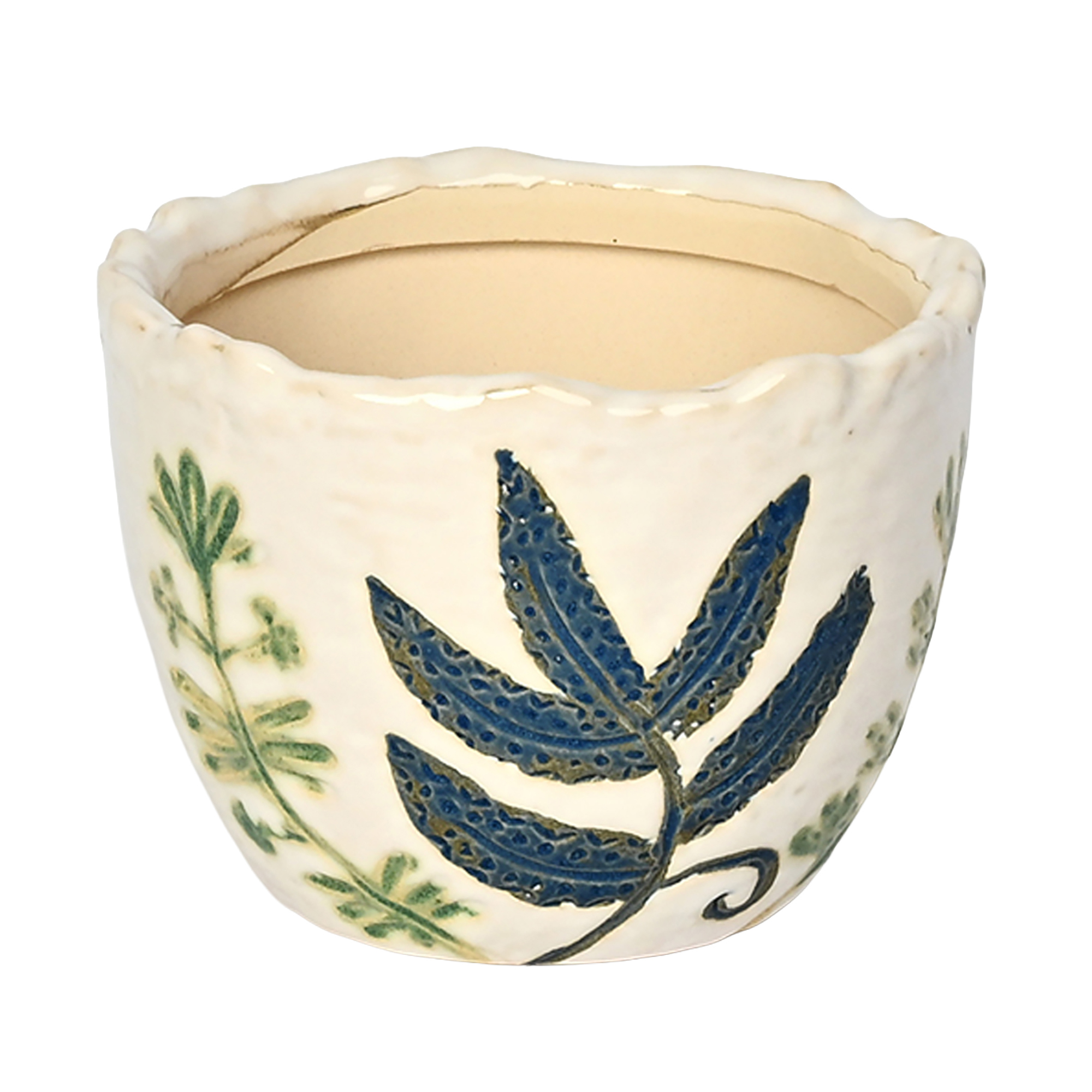 CERAMIC POT 4"H CREAM W/GREEN LEAVES