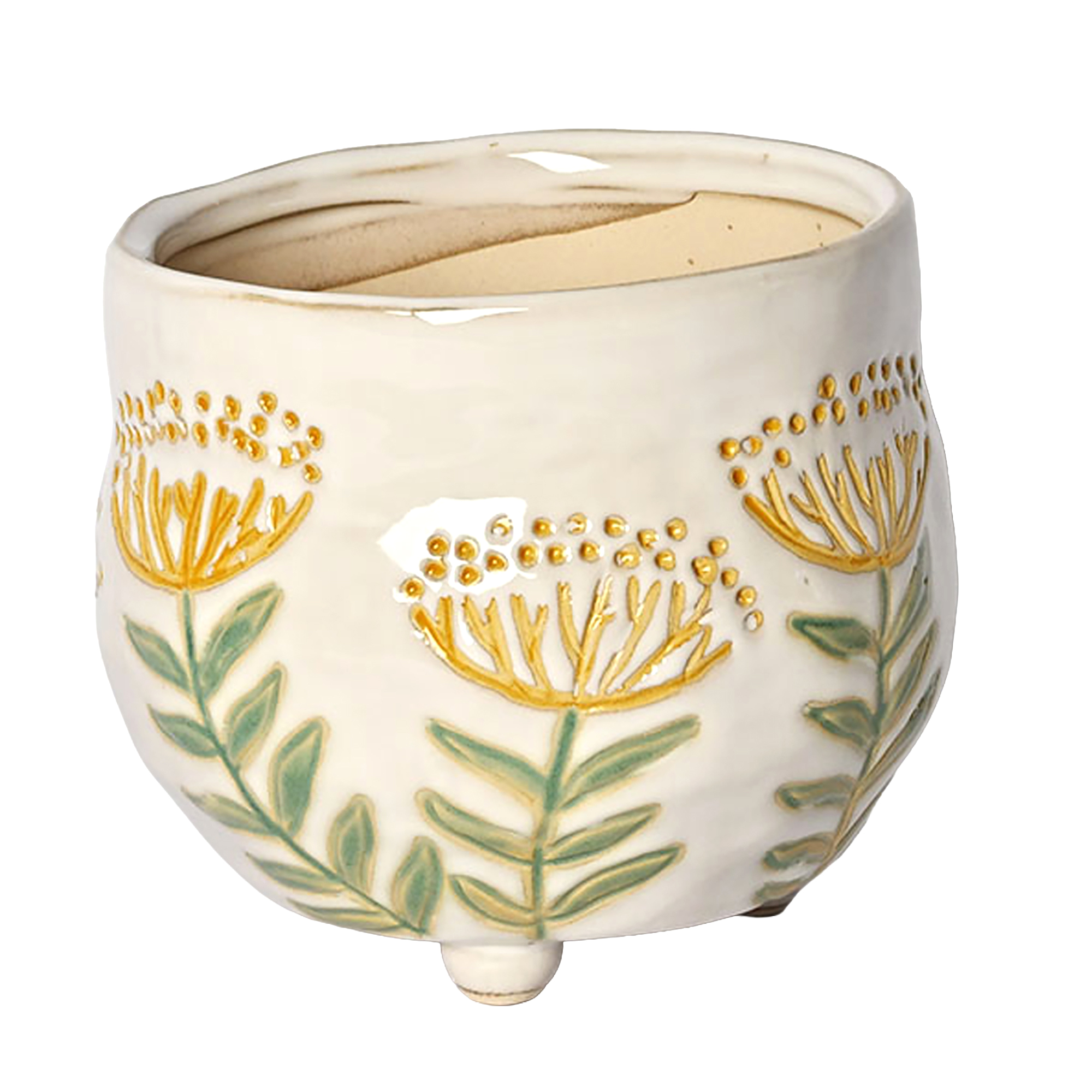 CERAMIC POT 5.5"H CREAM W/YELLOW FLOWER
