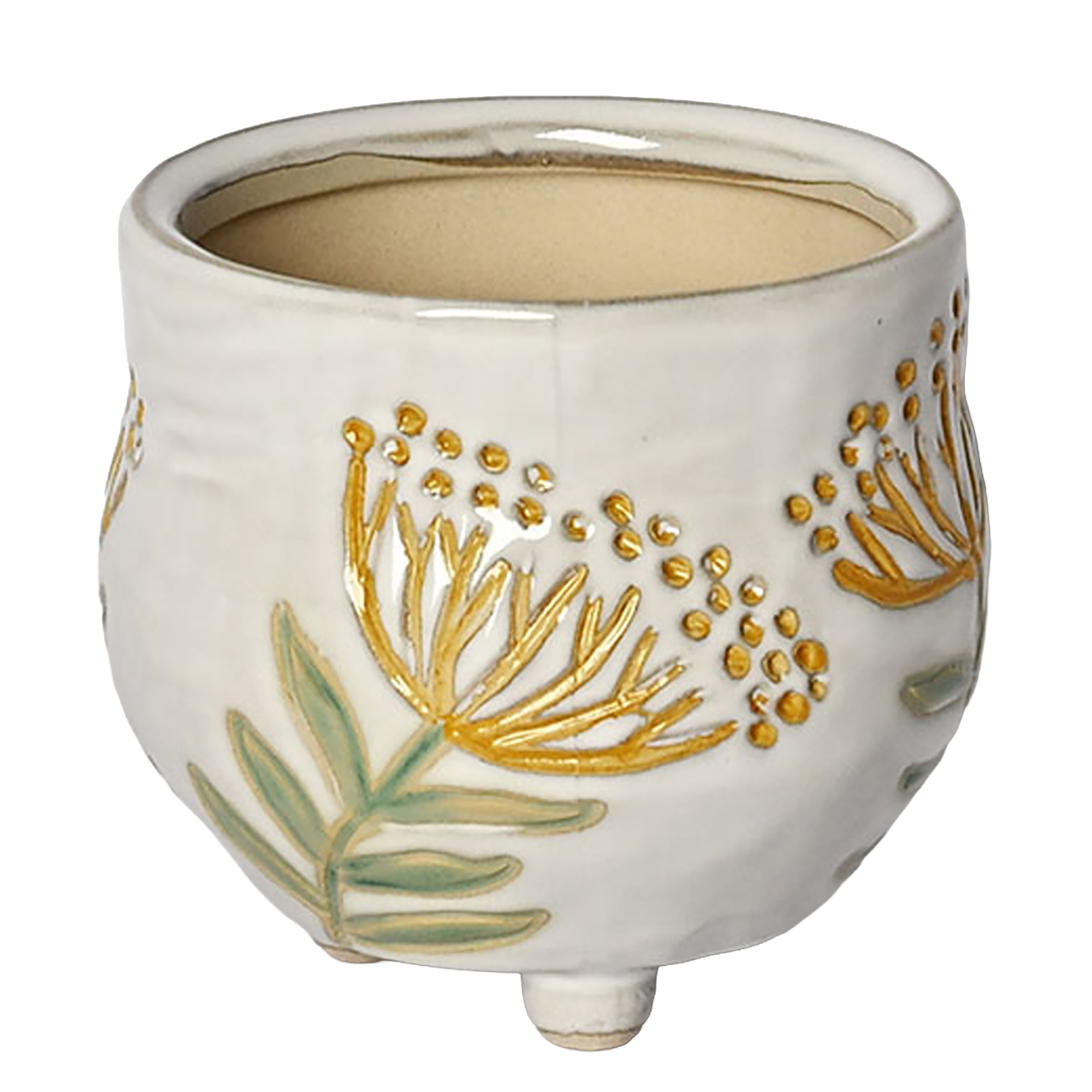 CERAMIC POT 4.25"H CREAM W/YELLOW FLOWER
