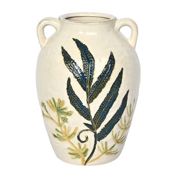 CERAMIC VASE 10" CREAM W/GREEN LEAVES