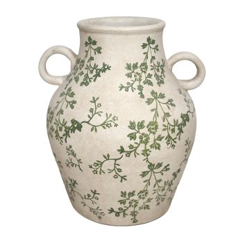 TERRACOTTA HANDMADE VASE 10.5" H CREAM W/GLAZED GREEN LEAF DESIGN