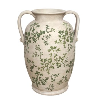 TERRACOTTA HANDMADE VASE 13.75" H CREAM W/GLAZED GREEN LEAF DESIGN
