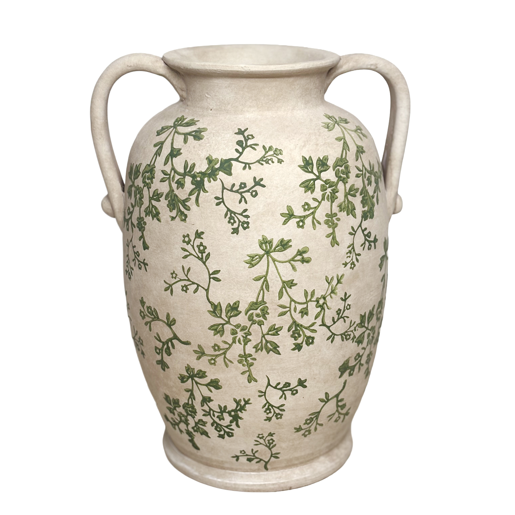 TERRACOTTA HANDMADE VASE 13.75" H CREAM W/GLAZED GREEN LEAF DESIGN