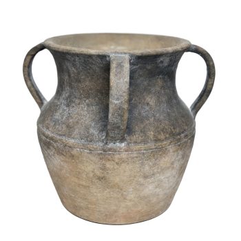 TERRACOTTA HANDMADE VASE 7.75" H GREY FIN W/HANDLES.
