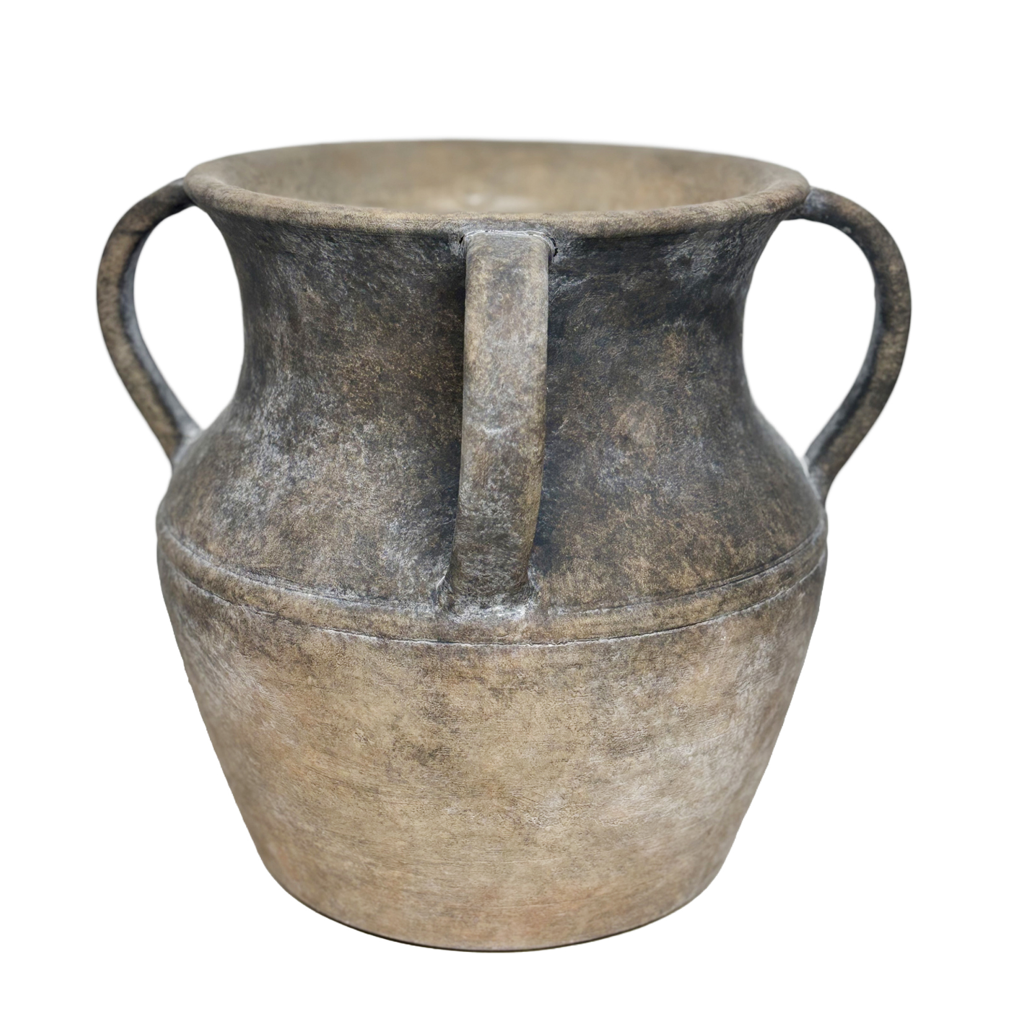 TERRACOTTA HANDMADE VASE 7.75" H GREY FIN W/HANDLES.