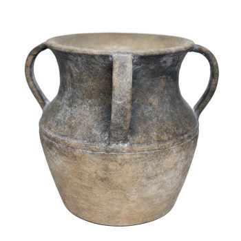 TERRACOTTA HANDMADE VASE 10.75" H GREY FIN W/HANDLES.