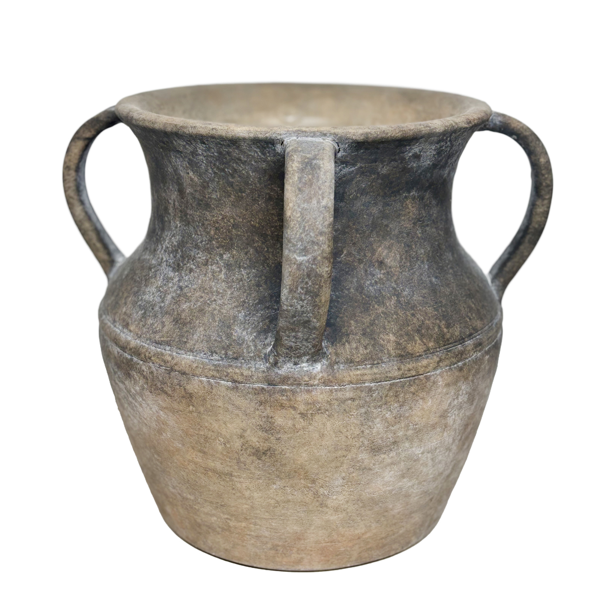 TERRACOTTA HANDMADE VASE 10.75" H GREY FIN W/HANDLES.