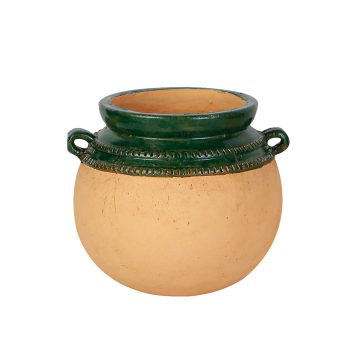 TERRACOTTA JAR 8.5"H W/DARK GREEN GLAZED RIM