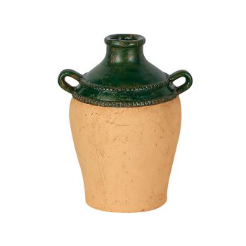 TERRACOTTA VASE10.5" W/DARK GREEN GLAZED RIM