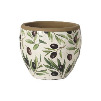 CEMENT POT 6"H SOFT WHITE W/OLIVE BRANCH DESIGN SAGE/FOREST GREEN LEAVES