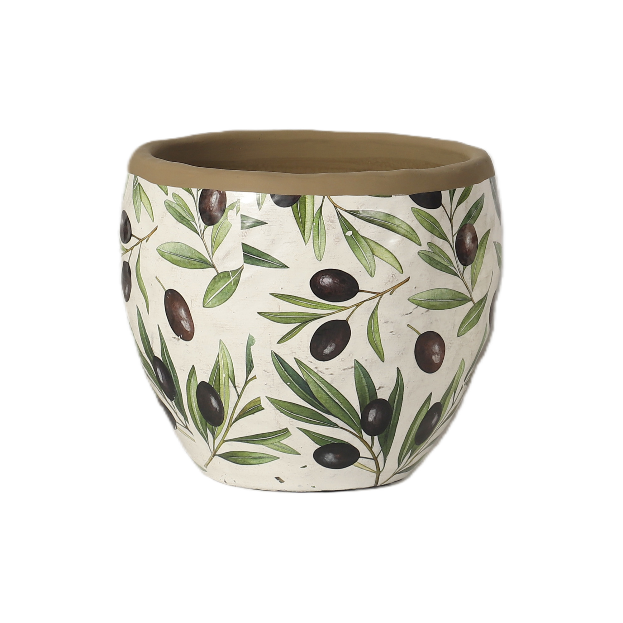 CEMENT POT 6"H SOFT WHITE W/OLIVE BRANCH DESIGN SAGE/FOREST GREEN LEAVES