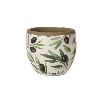 CEMENT POT 5"H SOFT WHITE W/OLIVE BRANCH DESIGN SAGE/FOREST GREEN LEAVES