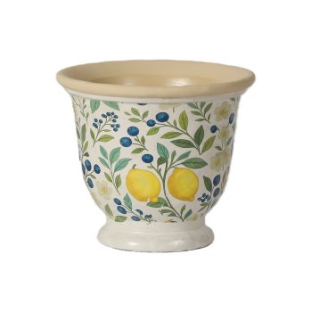 CEMENT PLANTER 6.5" YELLOW LEMON/BLUEBERRY DESIGN ON CREAM POT