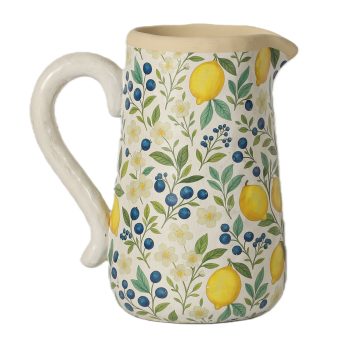 CEMENT VASE 10"H YELLOW LEMON /BLUEBERRY DESIGN ON CREAM VASE