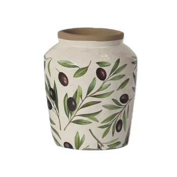 CEMENT VASE 7.5"H SOFT WHITE W/OLIVE BRANCH DESIGN SAGE/FOREST GREEN LEAVES