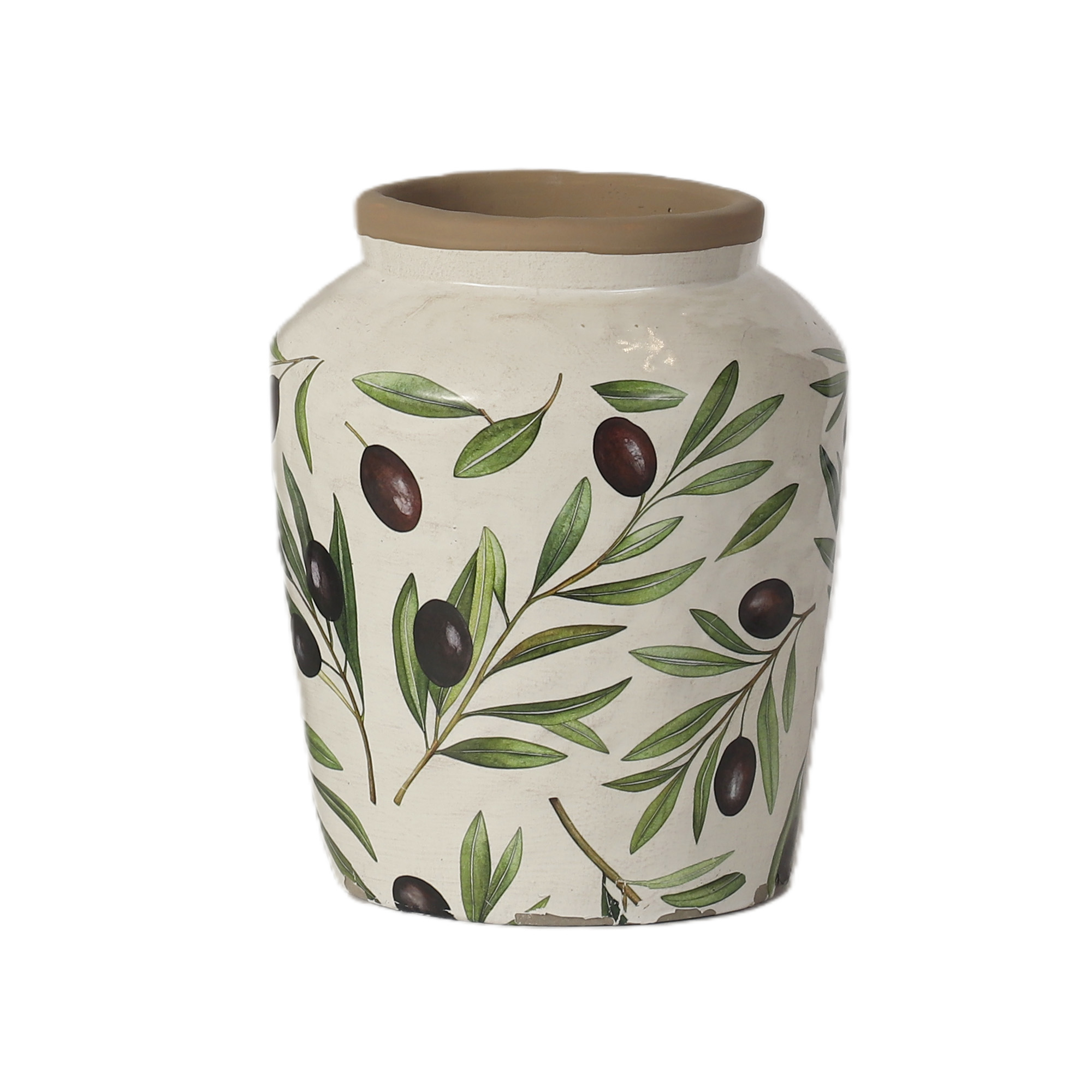 CEMENT VASE 7.5"H SOFT WHITE W/OLIVE BRANCH DESIGN SAGE/FOREST GREEN LEAVES