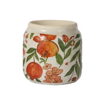 CEMENT JAR 6.5"H CRIMSON POMEGRANATE/GREEN FOILAGE CREAM BASE