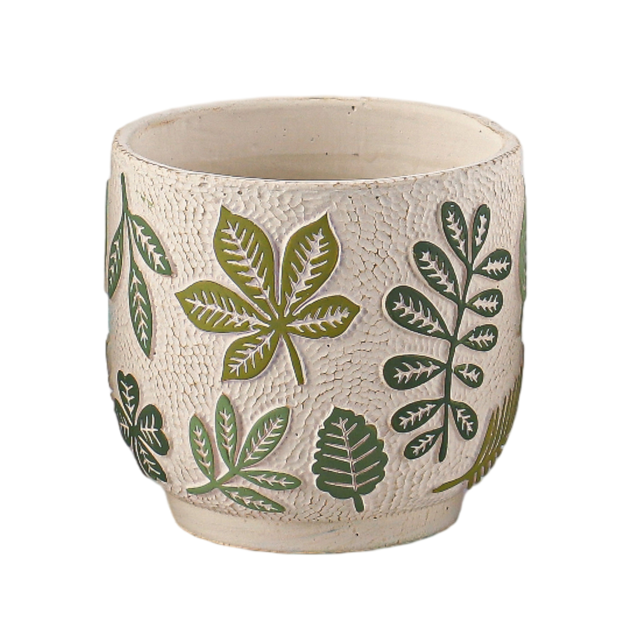CEMENT POT 5"H CRACKLE FIN. W/GREEN LEAF PATTERN