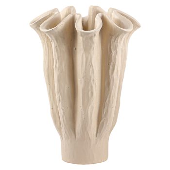 CEMENT VASE 11"H RUFFLED DESIGN MATTE IVORY/CREAM FINISH