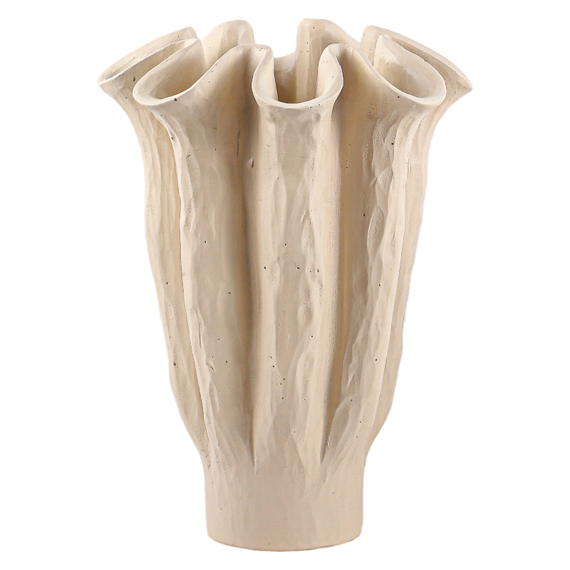 CEMENT VASE 11"H RUFFLED DESIGN MATTE IVORY/CREAM FINISH