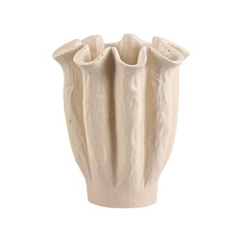 CEMENT VASE RUFFLED VASE 8.5"H RUFFLED DESIGN MATTE IVORY/CREAM FINISH