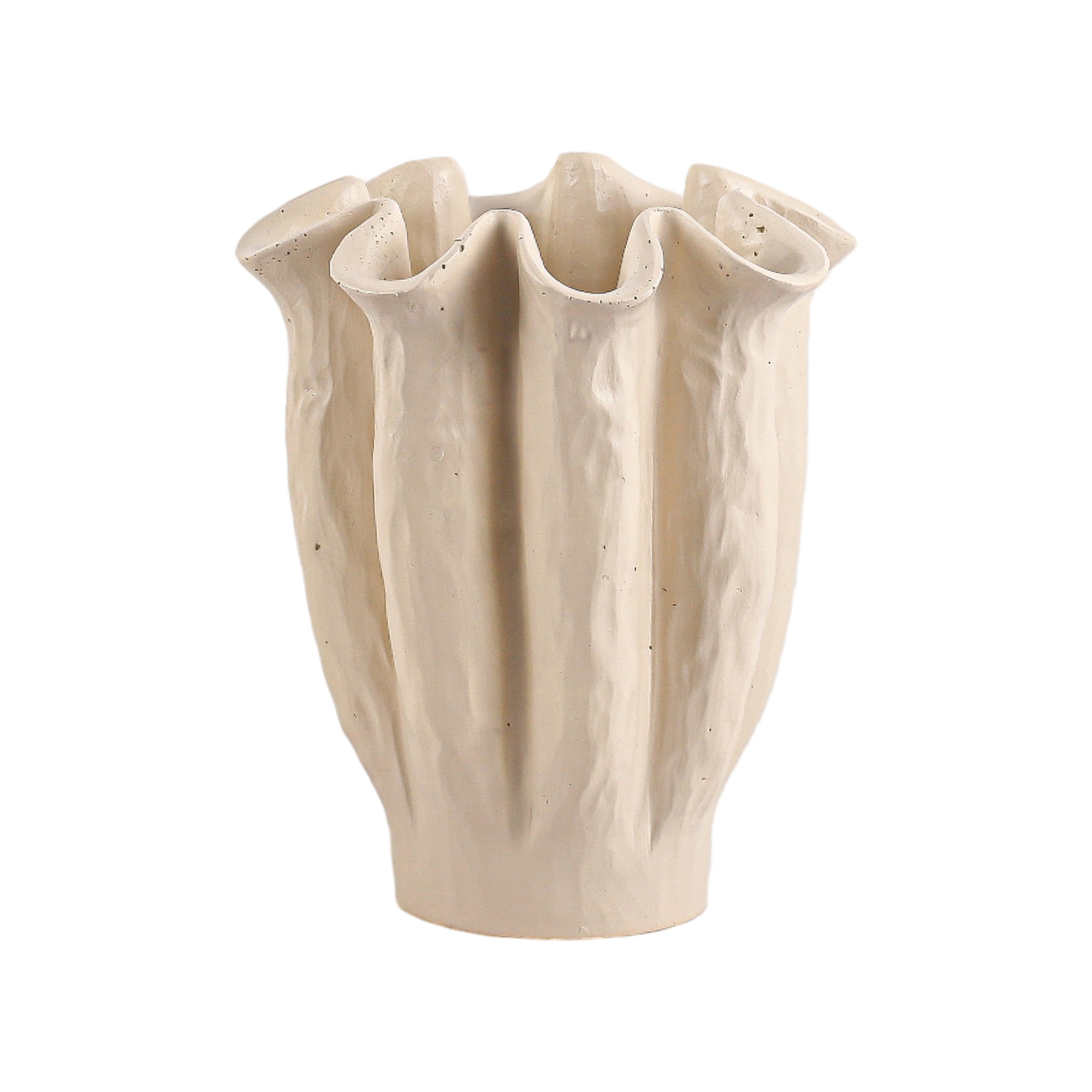 CEMENT VASE RUFFLED VASE 8.5"H RUFFLED DESIGN MATTE IVORY/CREAM FINISH