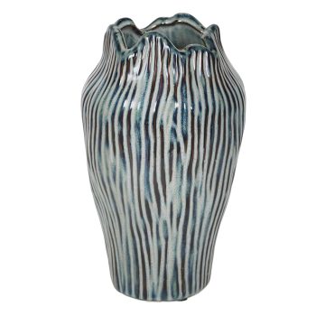 CERAMIC VASE VERTICAL RIBBED GROOVES RUFFLED RIM 10.5" TEAL/BROWN FINISH