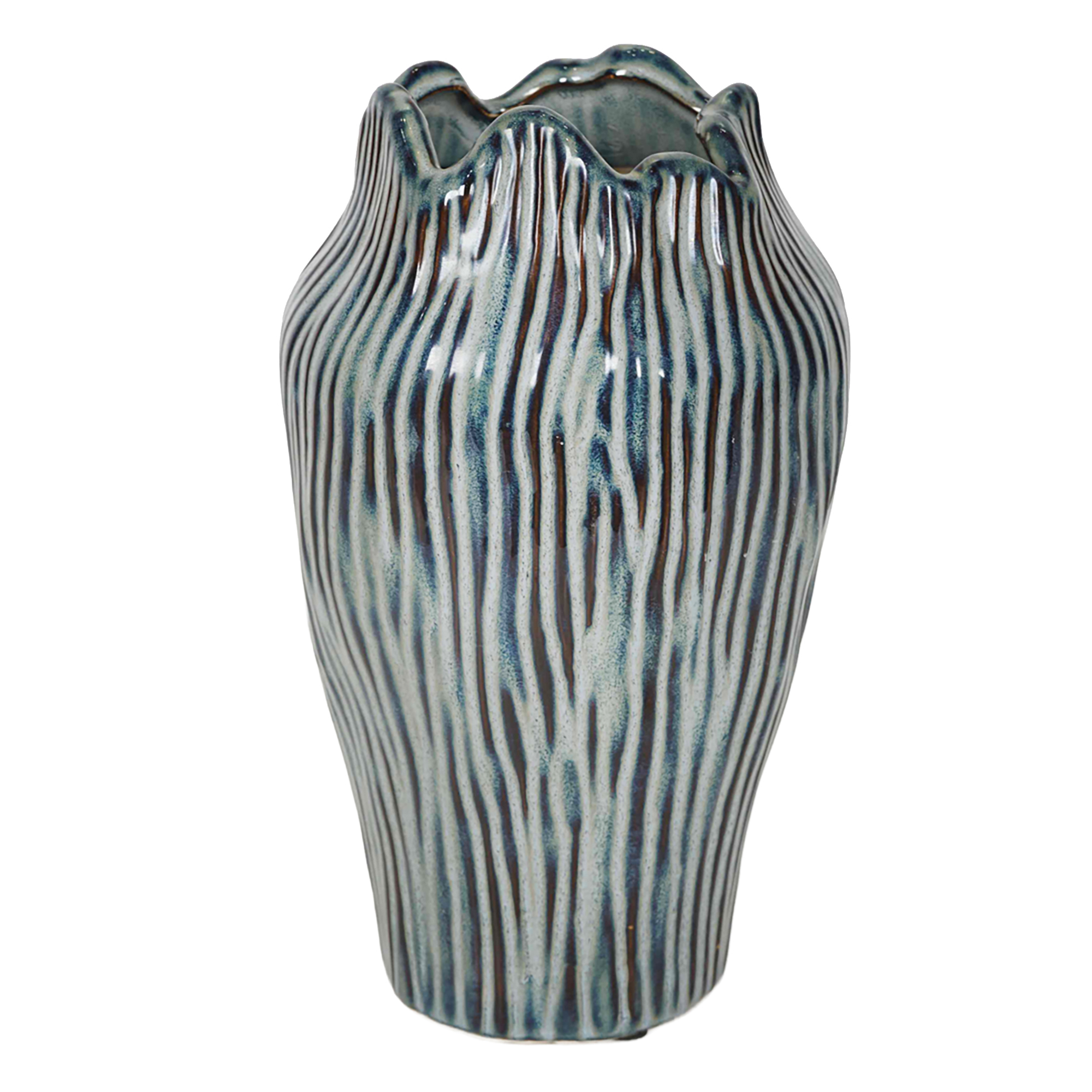 CERAMIC VASE VERTICAL RIBBED GROOVES RUFFLED RIM 10.5" TEAL/BROWN FINISH