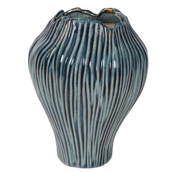 CERAMIC VASE VERTICAL RIBBED GROOVES RUFFLED RIM 11.5" H TEAL/BROWN FINISH