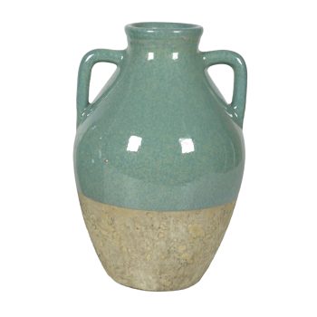 CERAMIC URN VASE TWIN HANDLES GLOSSY TOP ROUGH CEMENT BOTTOM 11.5" TEAL
