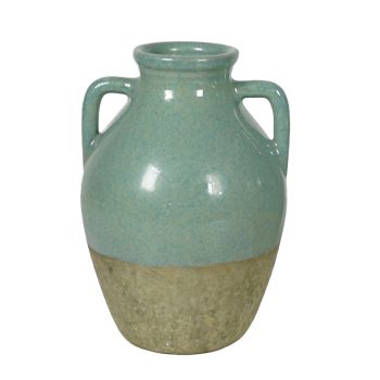 CERAMIC URN VASE TWIN HANDLES GLOSSY TOP ROUGH CEMENT BOTTOM 9.5" H TEAL