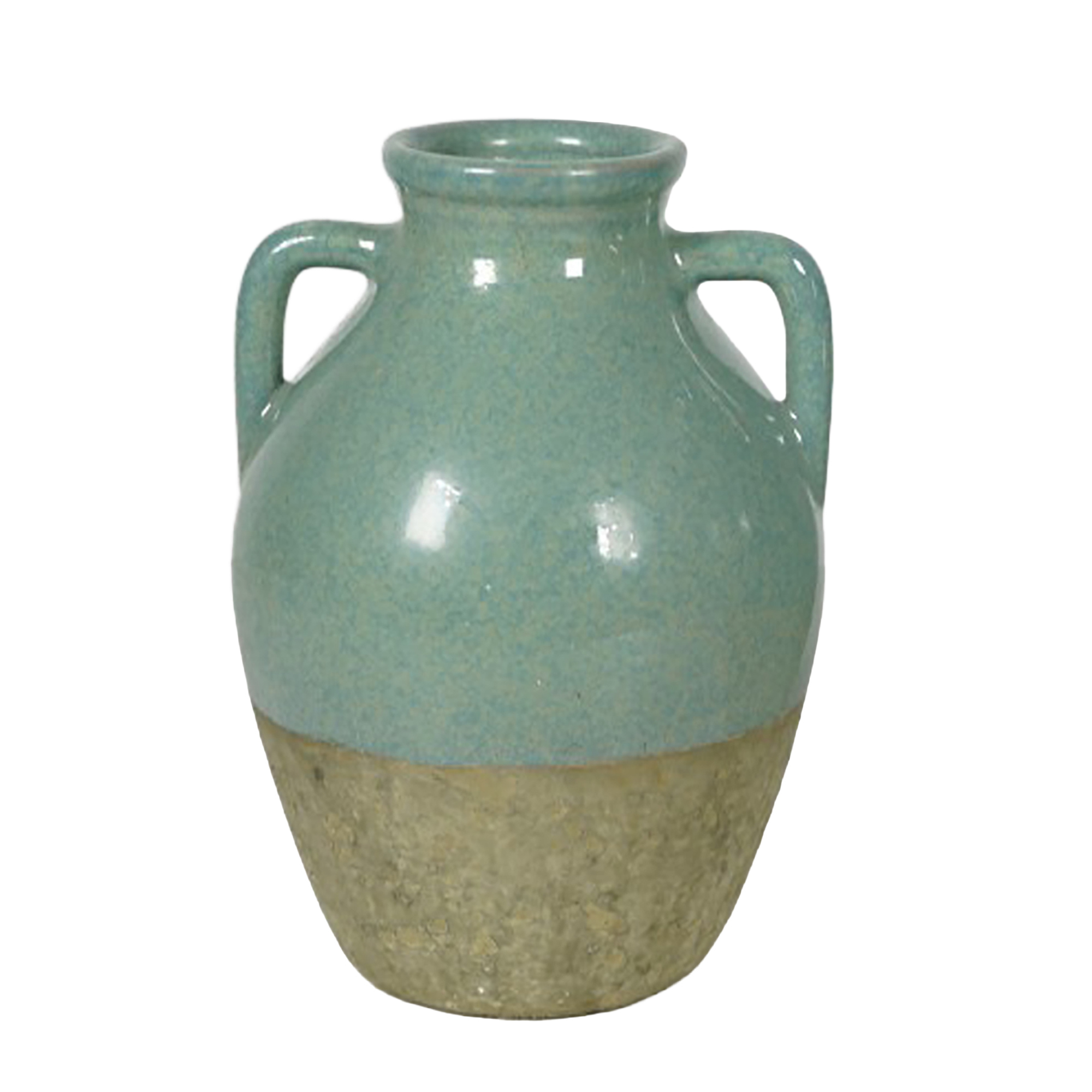 CERAMIC URN VASE TWIN HANDLES GLOSSY TOP ROUGH CEMENT BOTTOM 9.5" H TEAL