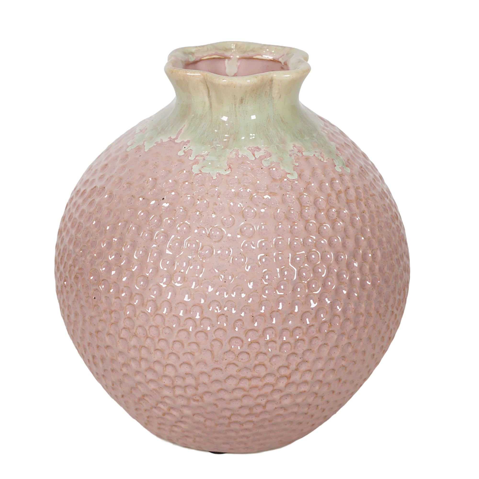 CERAMIC VASE ROUND HONEYCOMB DIMPLES SAGE DRIP GLAZE RIM 8" H CORAL PINK