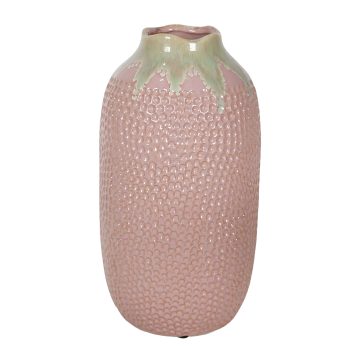 CERAMIC VASE TALL OVAL HONEYCOMB DIMPLES SAGE DRIP GLAZE RIM 11.5" H CORAL PINK