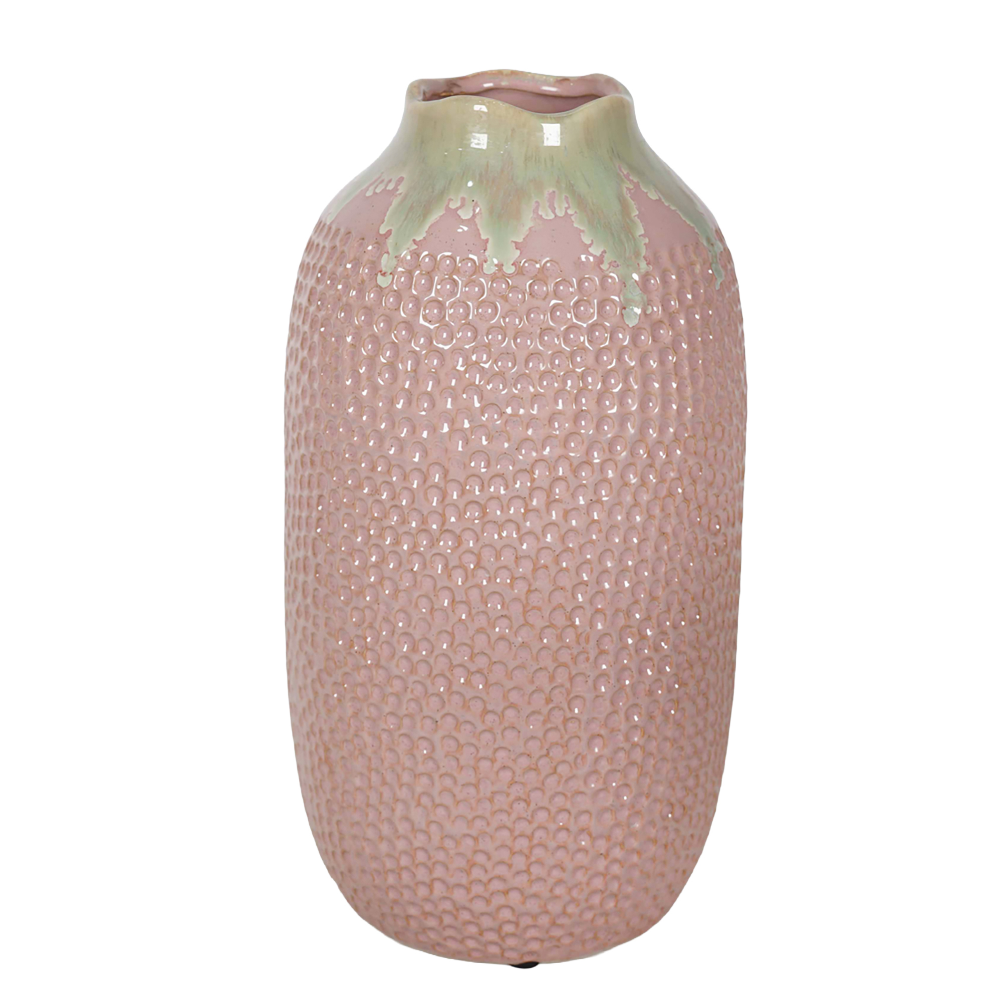 CERAMIC VASE TALL OVAL HONEYCOMB DIMPLES SAGE DRIP GLAZE RIM 11.5" H CORAL PINK