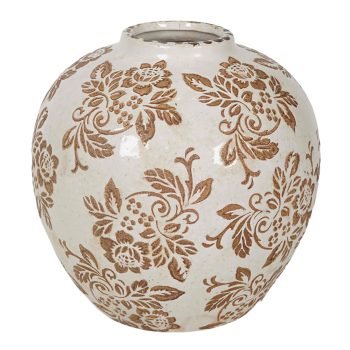 CERAMIC VASE GINGER JAR SHAPE DISTRESSED DAMASK FLORAL PRINT 11.5" CREAM/BROWN
