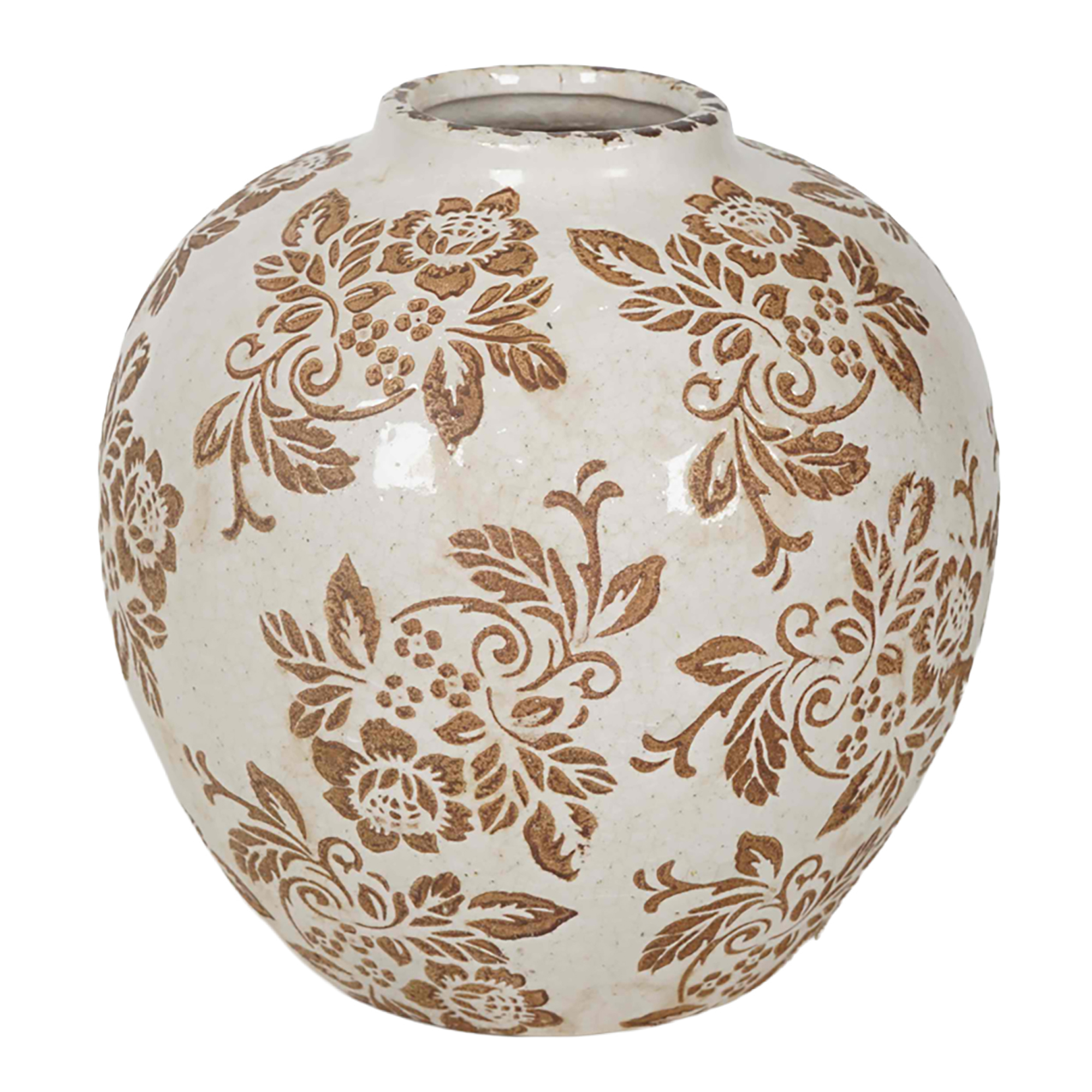 CERAMIC VASE GINGER JAR SHAPE DISTRESSED DAMASK FLORAL PRINT 11.5" CREAM/BROWN
