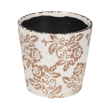 CERAMIC PLANTER CYLINDER POT DISTRESSED DAMASK FLORAL PRINT 9.5" H CREAM/BROWN