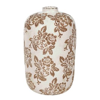 CERAMIC VASE TALL PILL CYLINDER SHAPE DISTRESSED DAMASK FLORAL PRINT 11.75" CREAM/BROWN