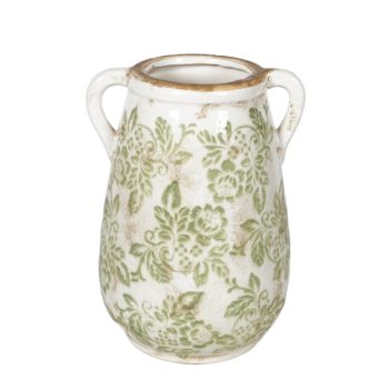 CERAMIC URN VASE TWIN HANDLES DISTRESSED DAMASK FLORAL PRINT 10.75" CREAM/GREEN
