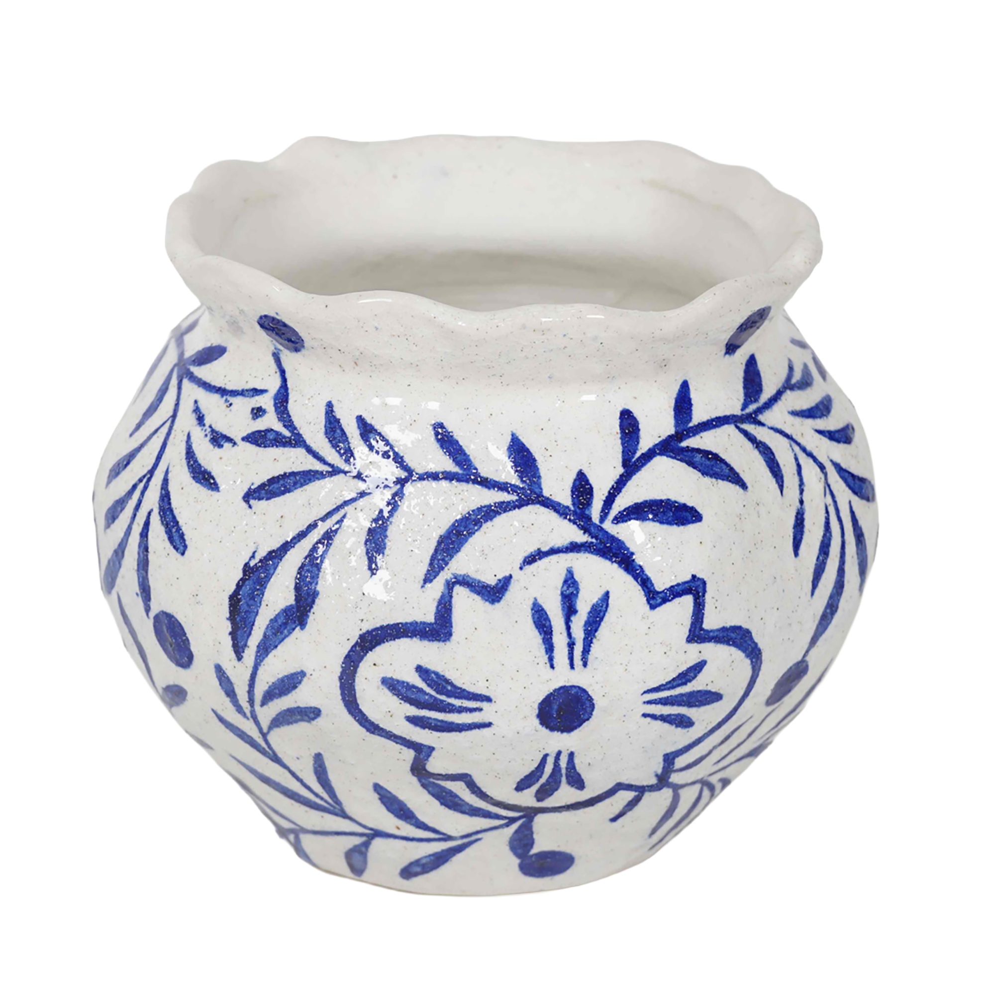 CERAMIC PLANTER ROUND BULBOUS POT FOLK FLORAL VINE PRINT RUFFLED RIM 6.25" H BLUE/WHITE