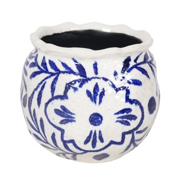 CERAMIC PLANTER SMALL ROUND BULBOUS POT FOLK FLORAL VINE PRINT RUFFLED RIM 4.75" H BLUE/WHITE