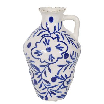 CERAMIC PITCHER VASE HANDLED JUG FOLK FLORAL VINE PRINT RUFFLED RIM 10" BLUE/WHITE