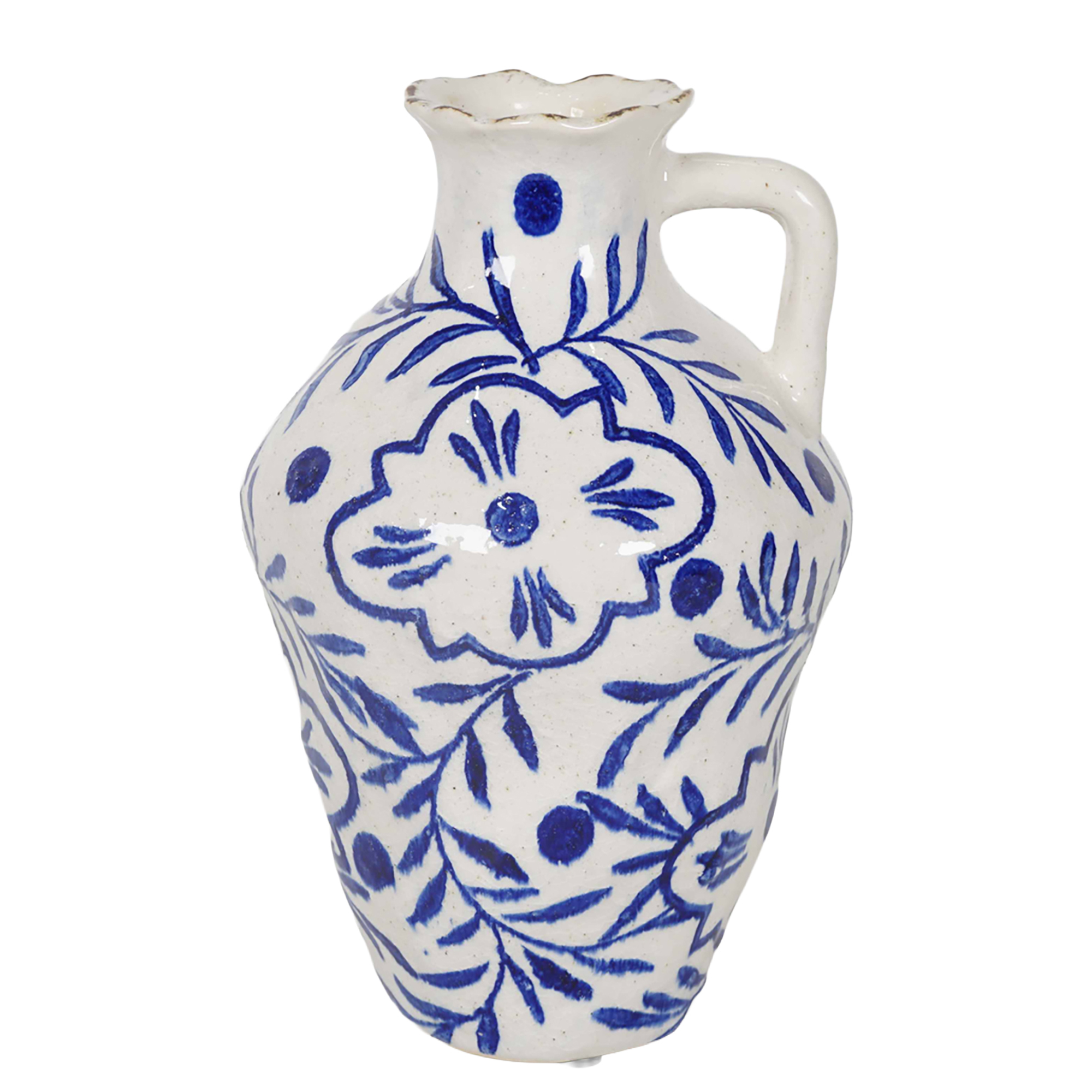 CERAMIC PITCHER VASE HANDLED JUG FOLK FLORAL VINE PRINT RUFFLED RIM 10" BLUE/WHITE