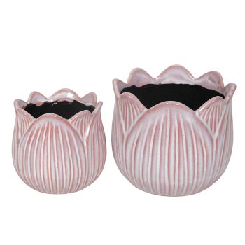 CERAMIC PLANTER TULIP FLOWER SHAPE VERTICAL RIBBING 2PC SET 6" & 5" H LAVENDER PINK
