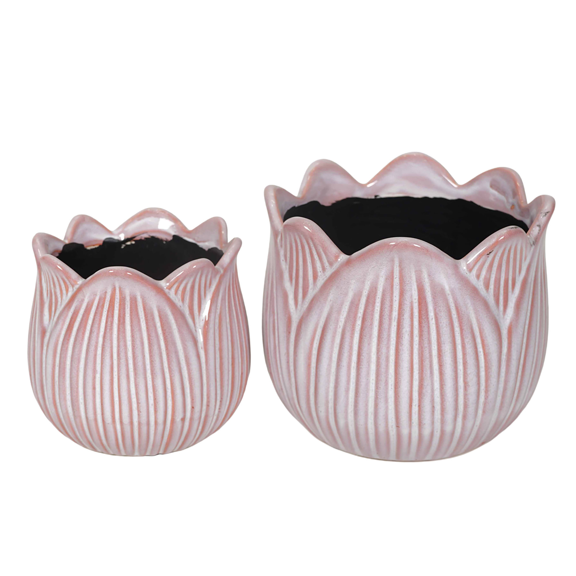 CERAMIC PLANTER TULIP FLOWER SHAPE VERTICAL RIBBING 2PC SET 6" & 5" H LAVENDER PINK